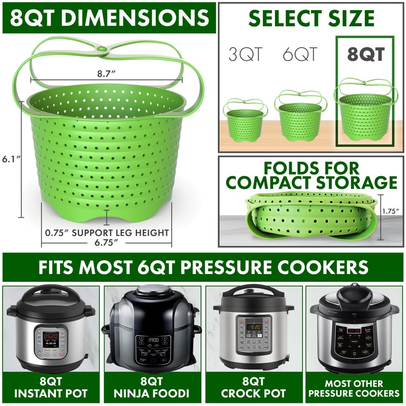 Avokado Silicone Steamer Basket for 8qt Instant Pot [3qt, 6qt avail], Ninja Foodi, Other Pressure Cookers - 100% Food Safe, BPA-Free, Dishwasher Safe Collapsible Vegetable Steamer Basket & Strainer - Image 3